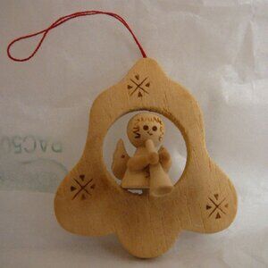 Small Wooden Bell Shaped Christmas Ornament with Winged Angel Blowing Horn
